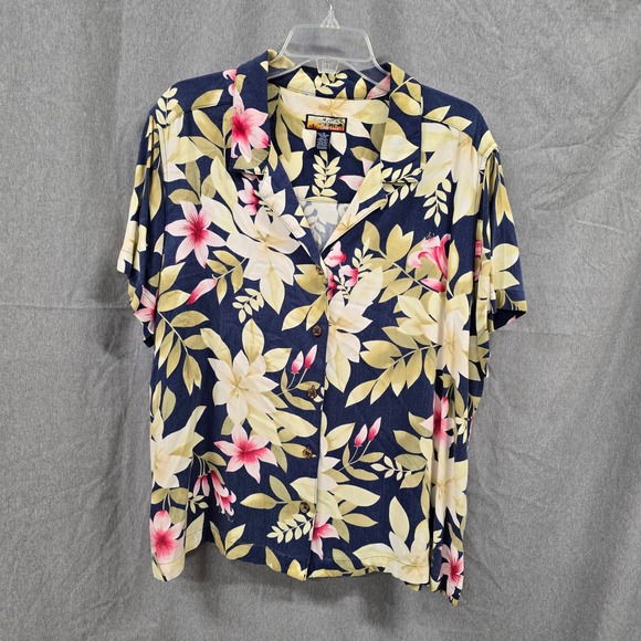 Havana Jack'S Cafe Tops - Havana Jacks Cafe Woman 1X Tropical Floral‎ Rayon Button Shirt Navy Pink